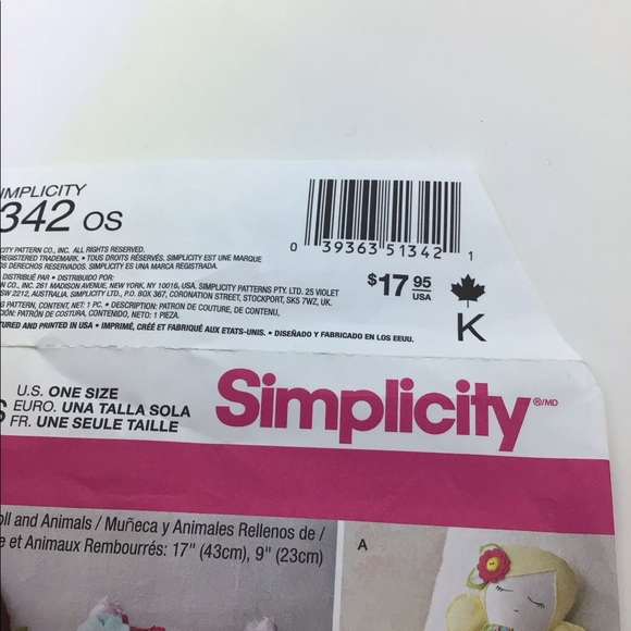 Simplicity Pattern 1342 Stuffed 17” Dolls & 9” Animals - Picture 3 of 11